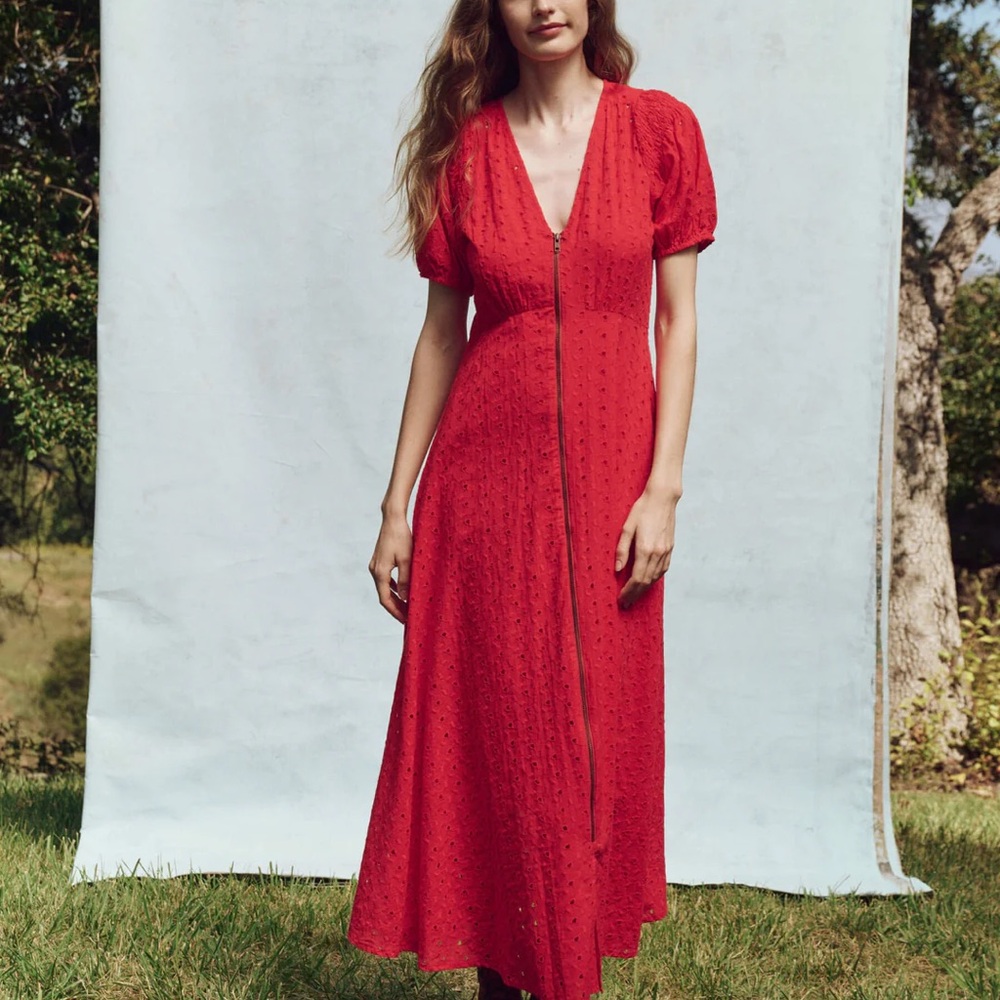 THE GREAT Red Puff Sleeve V-Neck Midi Dress